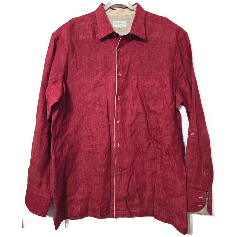 Inserch Shirt Mens 2XL Red Solid Long Sleeve Button Front Linen Casual Summer